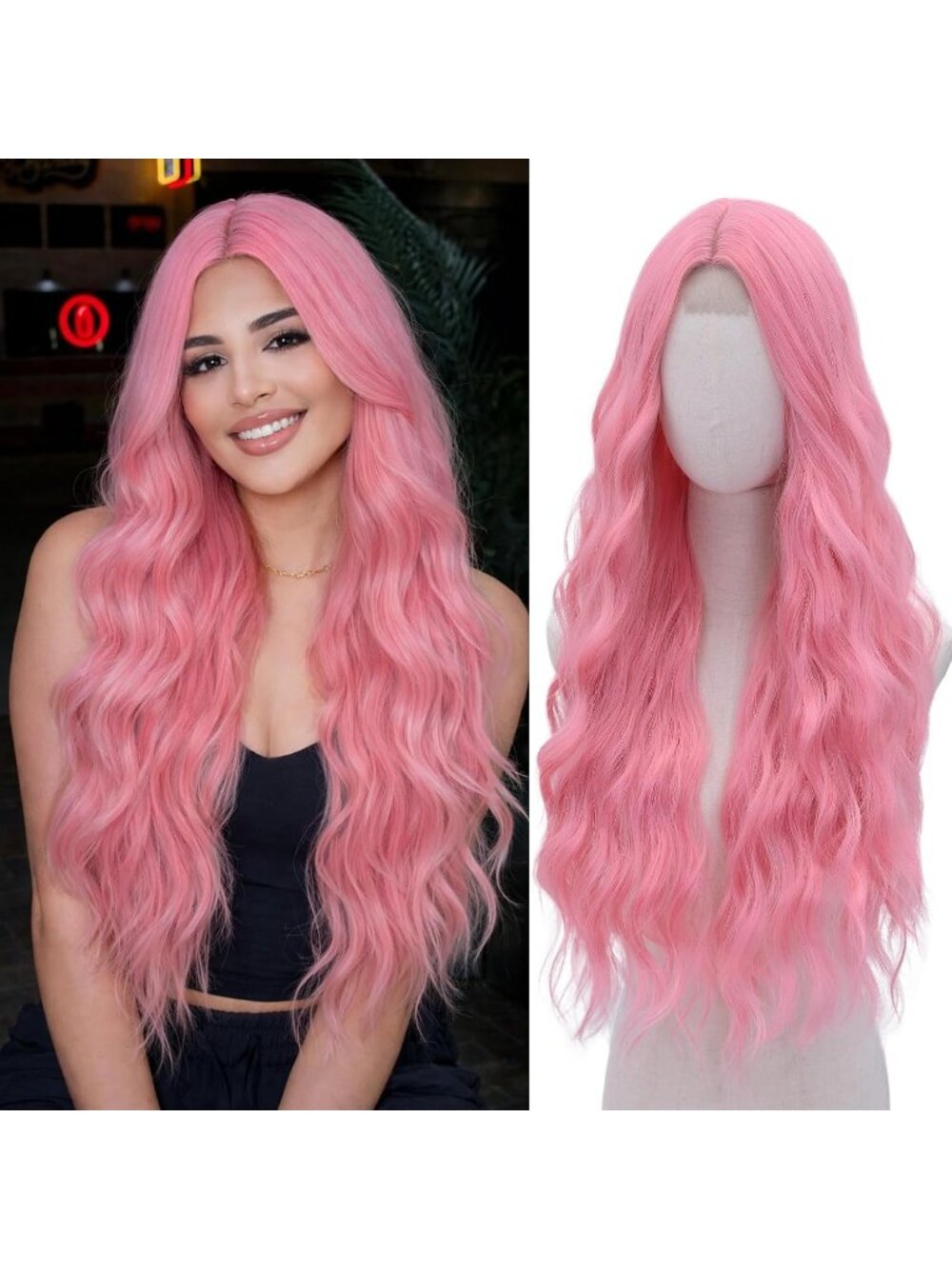 Women's Light Pink WECAN 28 Inch Wig Long Wavy Synthetic Colorful Hair